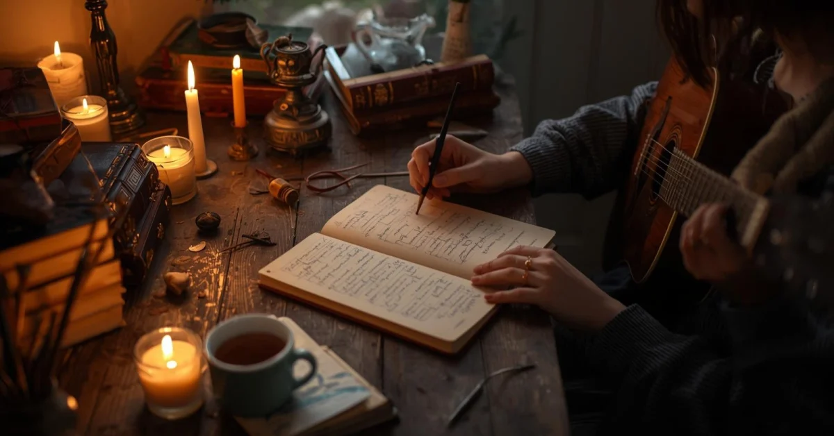 A calm evening scene with someone painting, journaling, or playing a musical instrument at a wooden desk. Candles, books, and tea beside them. Warm cozy lighting, creative and mindful mood. make the b