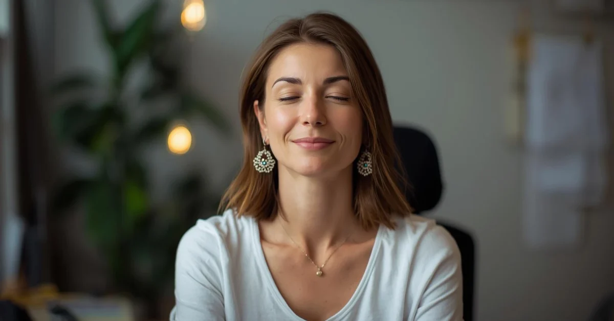 A woman at her office desk, eyes closed, practicing a short meditation, calm expression