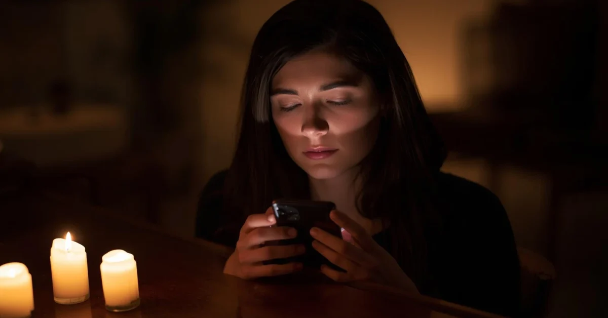 A woman placing her phone face down on a table, closing eyes in meditation, dim lighting, candlelight, feeling of surrender and privacy