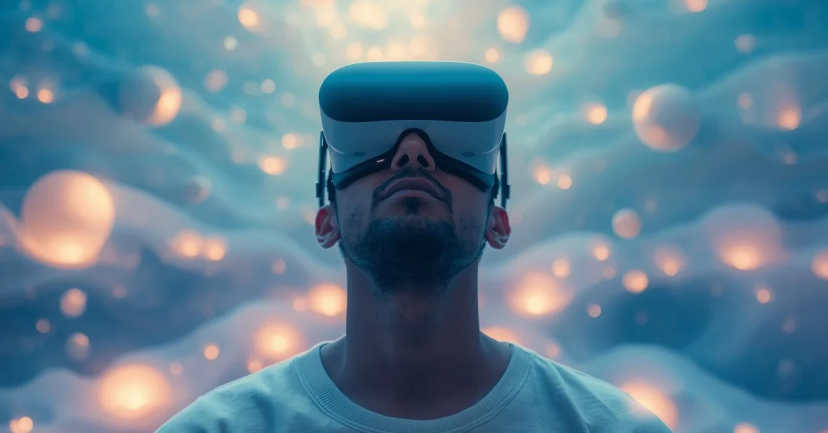 Futuristic meditation scene_ a person wearing VR goggles surrounded by dreamy visuals, soft glowing orbs, abstract landscapes, peaceful e