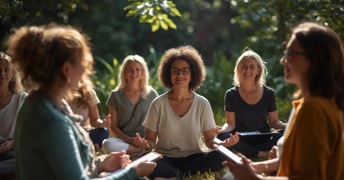 Group of women in nature, maybe a forest or garden, journaling or meditating together, diverse ages, gentle smiles, calm relaxed atmosphe